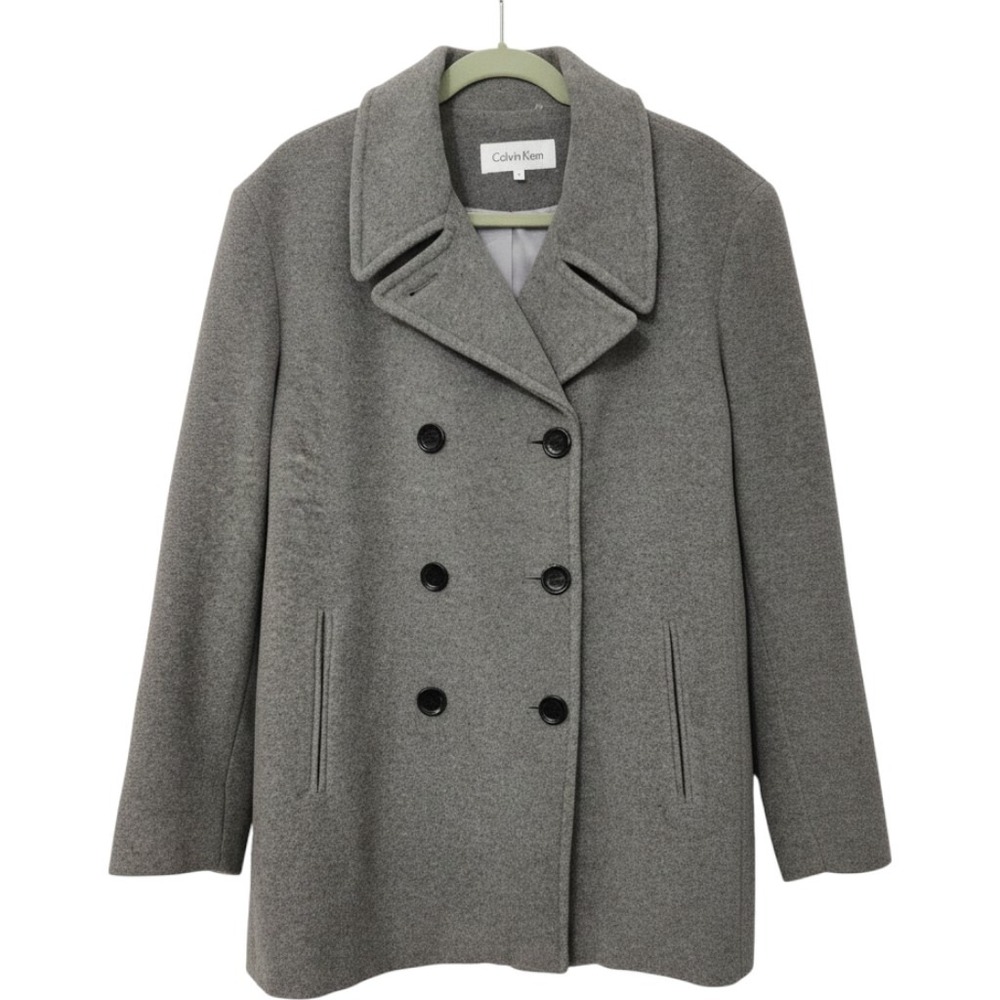 Calvin Klein Women 1X Gray Wool Blend Double Breasted Pea Coat Minimalist Chic